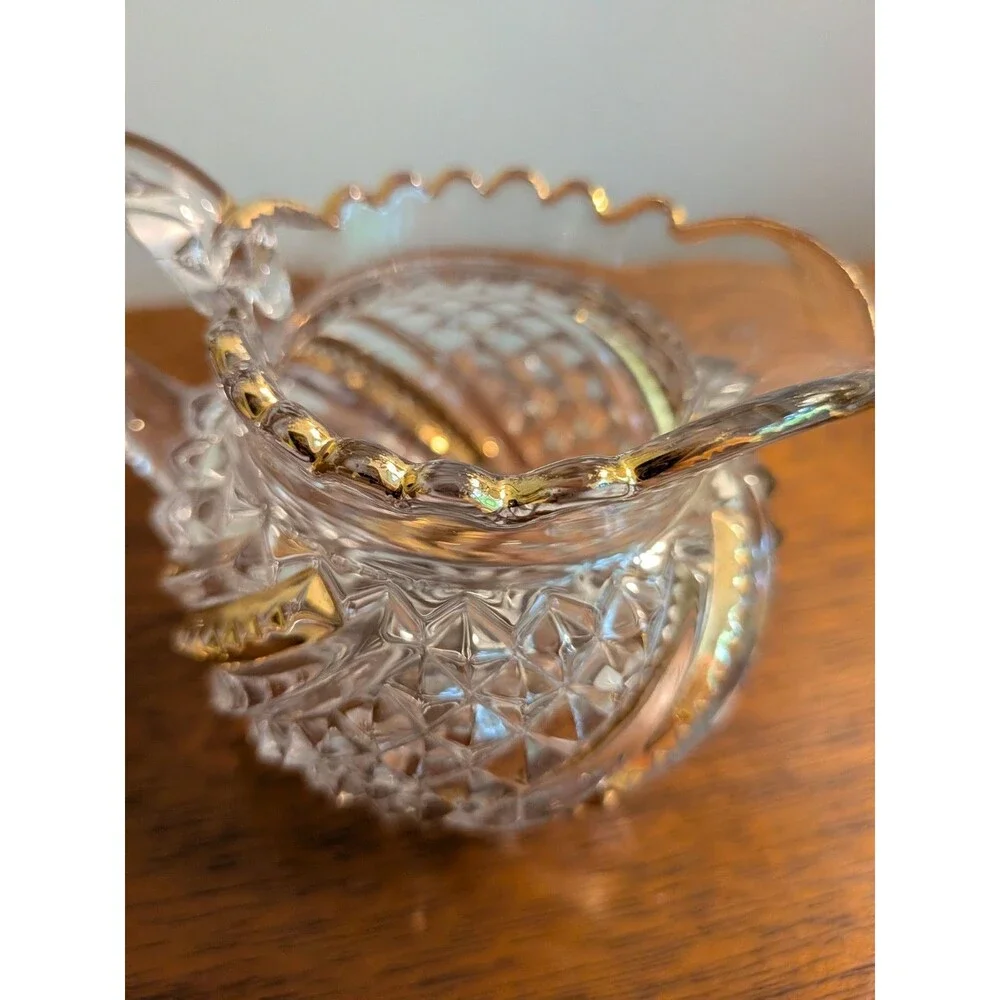 Brilliant Cut Glass/Crystal Creamer Vtg Gold Diamond Star Pattern Scalloped